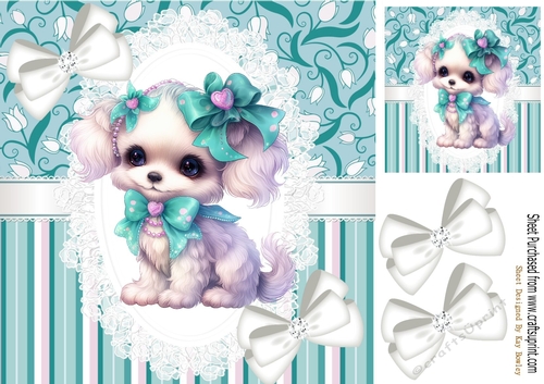 Cute White Puppy On Lace/Turq Stripe 8x8 With Bows