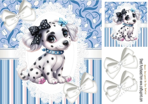 Cute Dalmation Puppy On Lace/Blue Stripe 8x8 With Bows