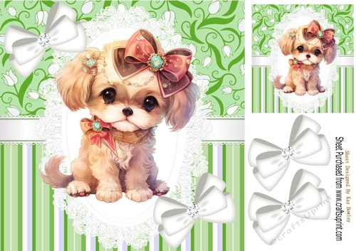 Cute Brown Puppy On Lace/Green Stripe 8x8 With Bows