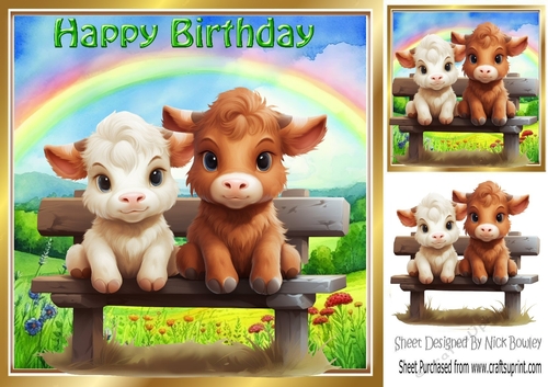 Cute Baby Calves With Rainbow 8x8 (Two)