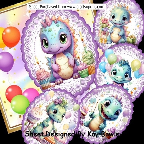 Cute Birthday Dino Card With Balloons With Purple Toppers 8x8 Mini Kit
