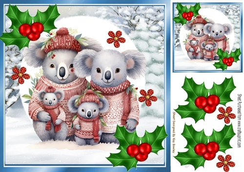 Cute Christmas Family Of Koalas  With Holly 8x8