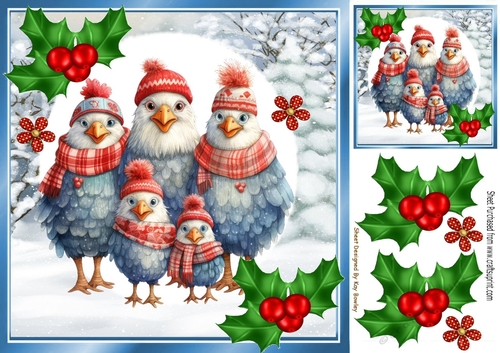 Cute Christmas Family Of Feathered Friends With Holly 8x8 (one)