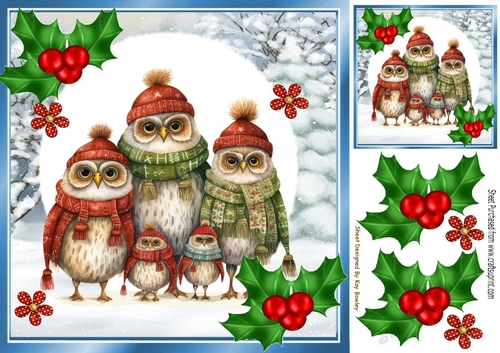Cute Christmas Family Of Owls With Holly 8x8 
