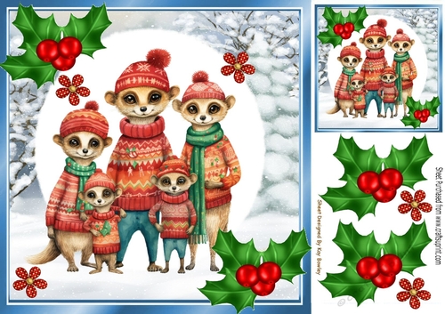 Cute Christmas Family Of Meerkats With Holly 8x8