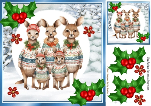 Cute Christmas Family Of  Kangaroos With Holly 8x8