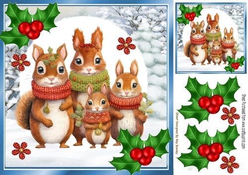 Cute Christmas Family Of  Squirrels With Holly 8x8