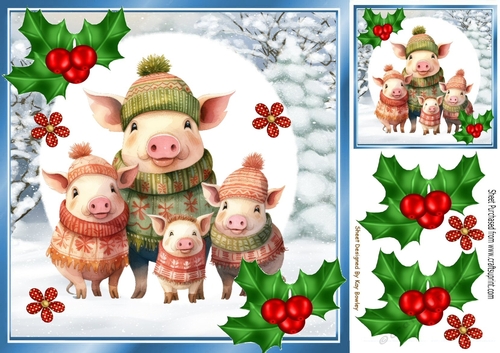 Cute Christmas Family Of  Cute Pigs With Holly 8x8