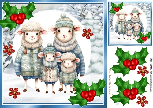 Cute Christmas Family Of  Sheep With Holly 8x8