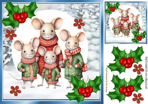 Cute Christmas Family Of  Cute Mice With Holly 8x8