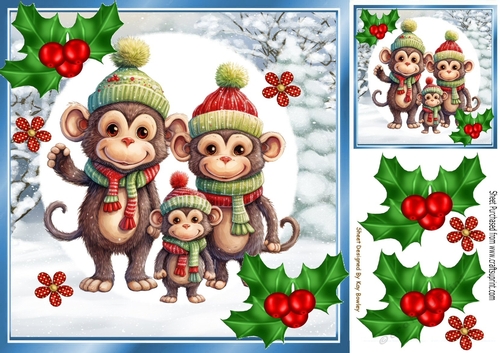 Cute Christmas Family Of  Monkeys With Holly 8x8