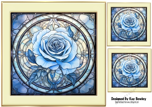 Beautiful Blue Rose In Stained Glass In Cream/Gold 8X8 Frame (Two)