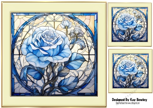 Beautiful Blue Rose In Stained Glass In Cream/Gold 8X8 Frame (Three)