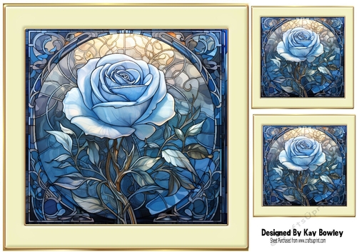 Beautiful Blue Rose In Stained Glass In Cream/Gold 8X8 Frame (Four)
