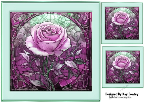 Beautiful Pink Rose In Stained Glass In 8X8 Frame (Three)