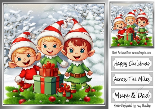 Santas Cheeky Elves In The Snow With Holly 8x8 (one)