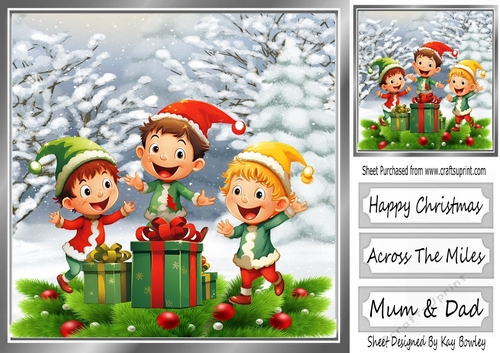 Santas Cheeky Elves In The Snow With Holly 8x8 (two)