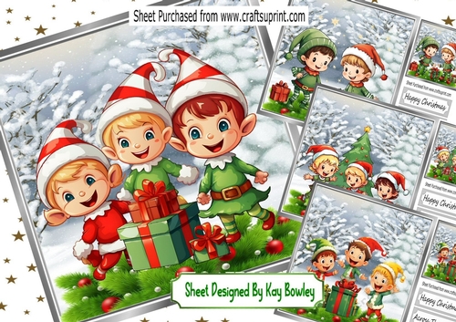 4 Santas Cheeky Elves In The Snow With Holly 8x8 Cards Mini Kit