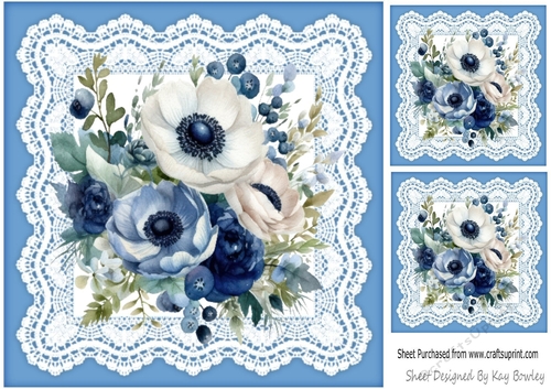 Pretty Blue And White Shades Of Flowers On Lace 8X8 (Four)