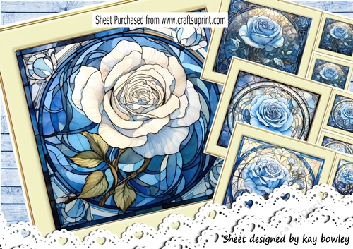  4 Beautiful Blue Roses In Stained Glass In Cream/Gold 8X8 Frame Mini Kit