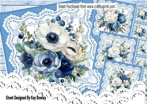 4 Pretty Blue And White Shades Of Flowers On Lace 8X8 Mini Kit