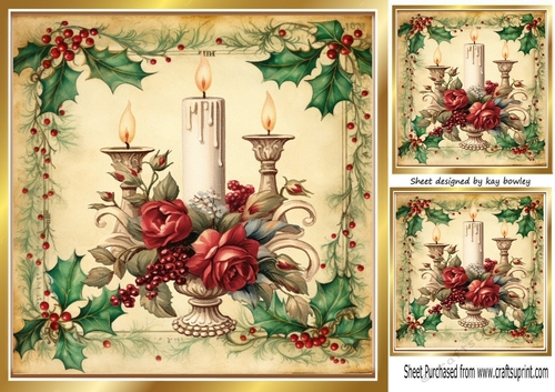 Beautiful Vintage Holly & Berries 8x8 With Christmas Rose Candles