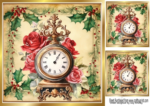 Beautiful Vintage Holly & Berries 8x8 With Christmas Rose Clock