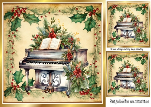 Beautiful Vintage Holly & Berries 8x8 With Christmas Rose Piano