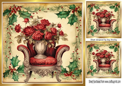 Beautiful Vintage Holly & Berries 8x8 With Christmas Rose Chair
