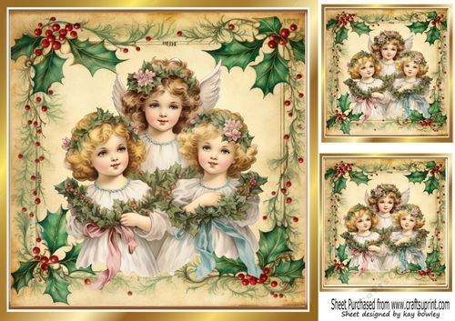 Beautiful Vintage Holly & Berries 8x8 With Christmas Angels (One)