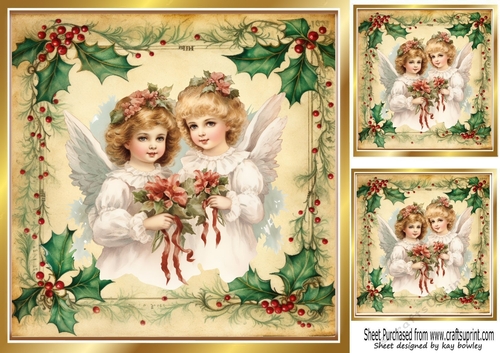 Beautiful Vintage Holly & Berries 8x8 With Christmas Angels (Two)