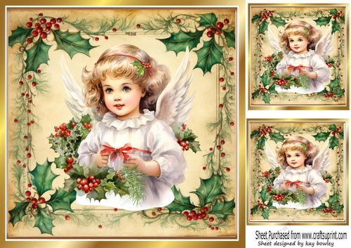 Beautiful Vintage Holly & Berries 8x8 With Christmas Angel (Three)
