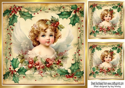 Beautiful Vintage Holly & Berries 8x8 With Christmas Angel (Four)