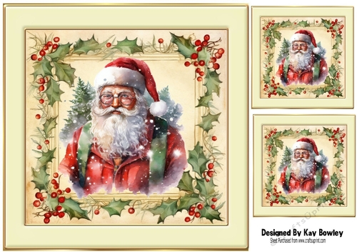 Cream & Gold Vintage Frame With Holly & Berries Santa (One) 