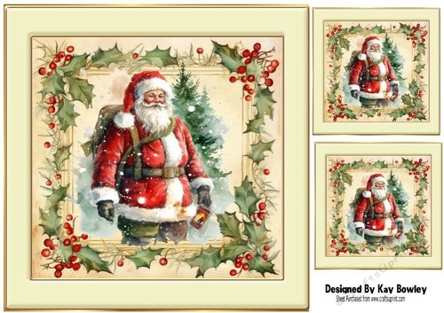 Cream & Gold Vintage Frame With Holly & Berries Santa (Two)