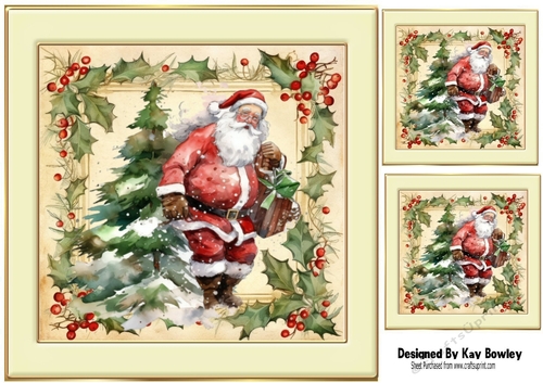 Cream & Gold Vintage Frame With Holly & Berries Santa (Three)