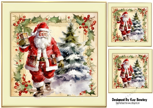 Cream & Gold Vintage Frame With Holly & Berries Santa (Four)