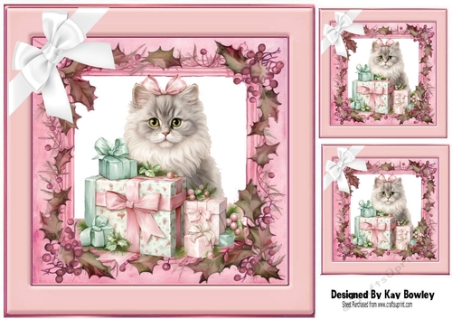 Pretty Pink Holly & Berries With Christmas Kitten & Presents 8x8