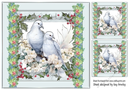 Pretty Silver And Floral Card Front With Beautiful Doves 8x8 (One)