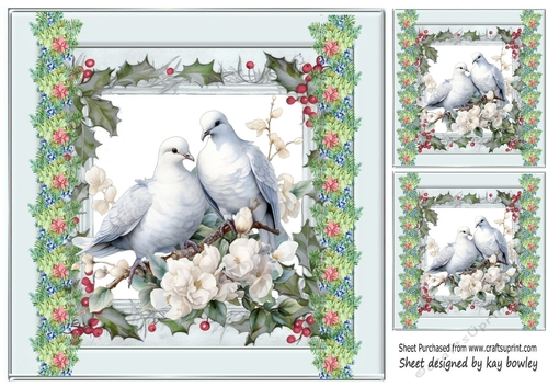Pretty Silver And Floral Card Front With Beautiful Doves 8x8 (Two)