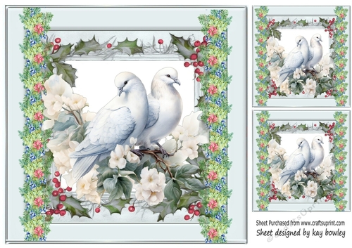 Pretty Silver And Floral Card Front With Beautiful Doves 8x8 (Three)
