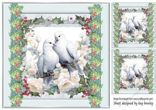 Pretty Silver And Floral Card Front With Beautiful Doves 8x8 (Four)