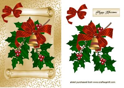 Pretty Holly with Red Bow/bell on a Scroll