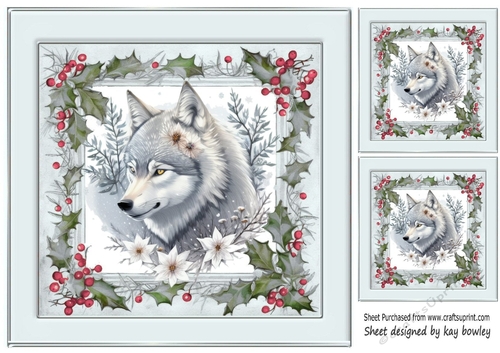 Winter White Wolf In Grey Holly Red Berry 8X8 (one)