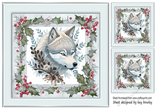 Winter White Wolf In Grey Holly Red Berry 8X8 (Two)