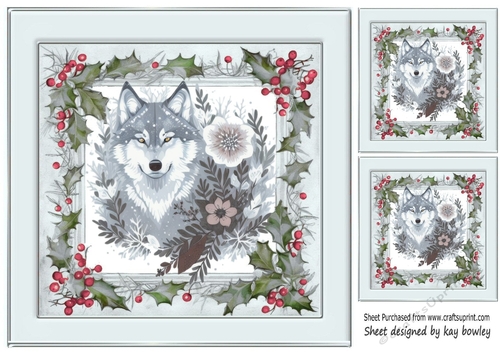 Winter White Wolf In Grey Holly Red Berry 8X8 (Four)