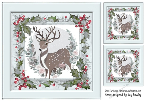 Winter White Reindeer In Grey Holly Red Berry 8X8 (Three)