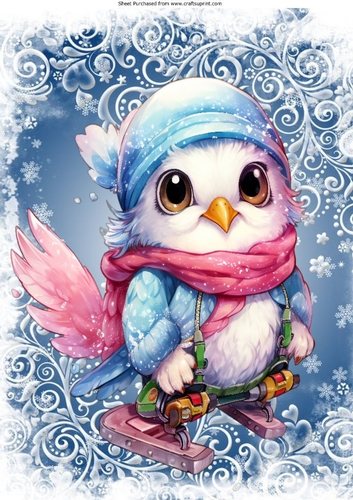 Lovely Blue & White Snowflakes With Cute Owl In Hat A4