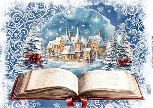 Christmas Snow Scene With Open Book Village A4 (Four)