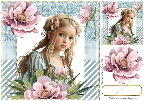 Pretty Girl With Pink Peonies And Blue Ornate Frame 8x8 (One)